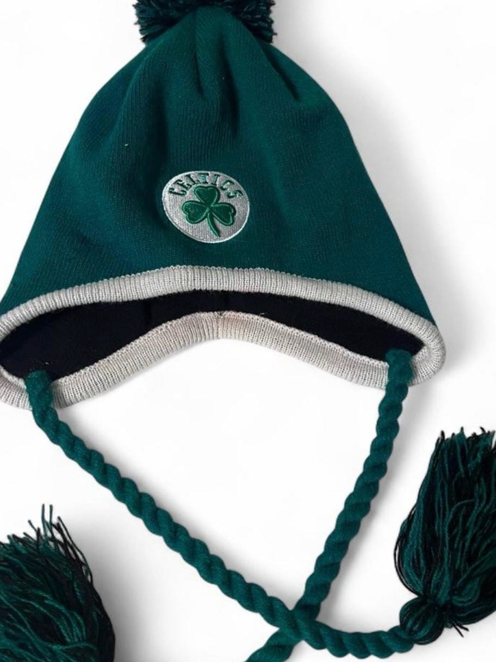 New Era Boston Celtics Green Pom Pom Earflap Beanie with Gray Trim